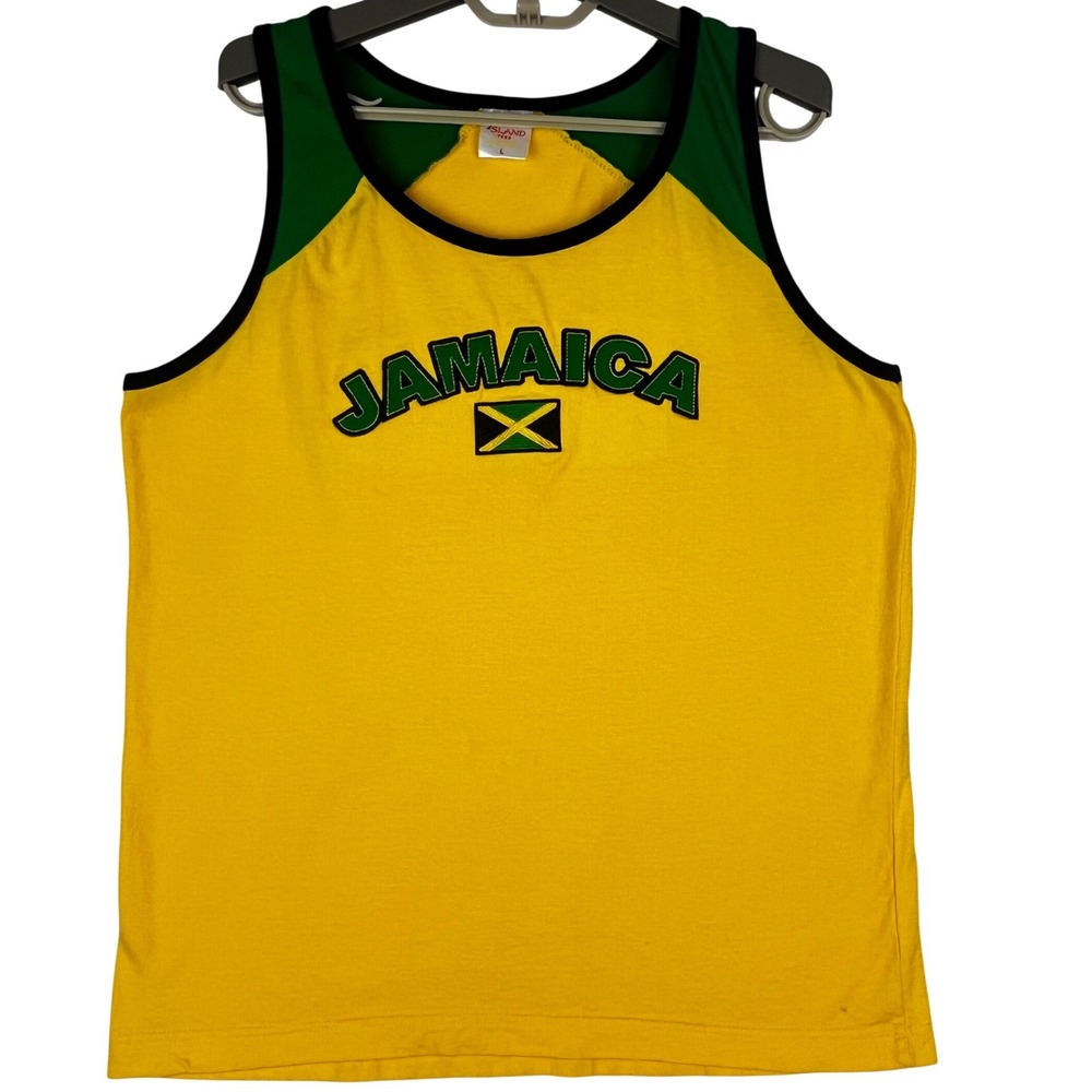 Island Tees Jamaica Tank Top Mens Large (L) Yellow Cotton Graphic Sleeveless